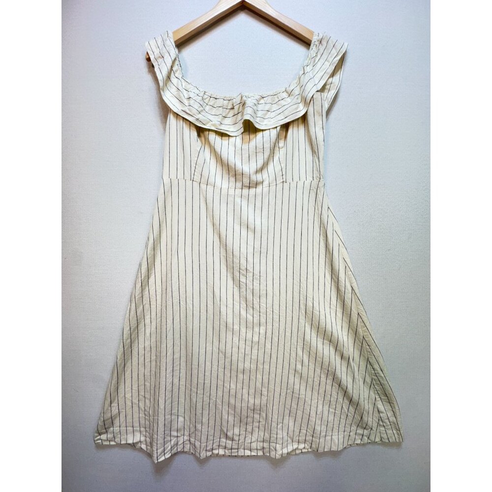 Ann Taylor Women's Ruffle Off Shoulder Midi Linen Dress Size 12P Beige Pinstripe